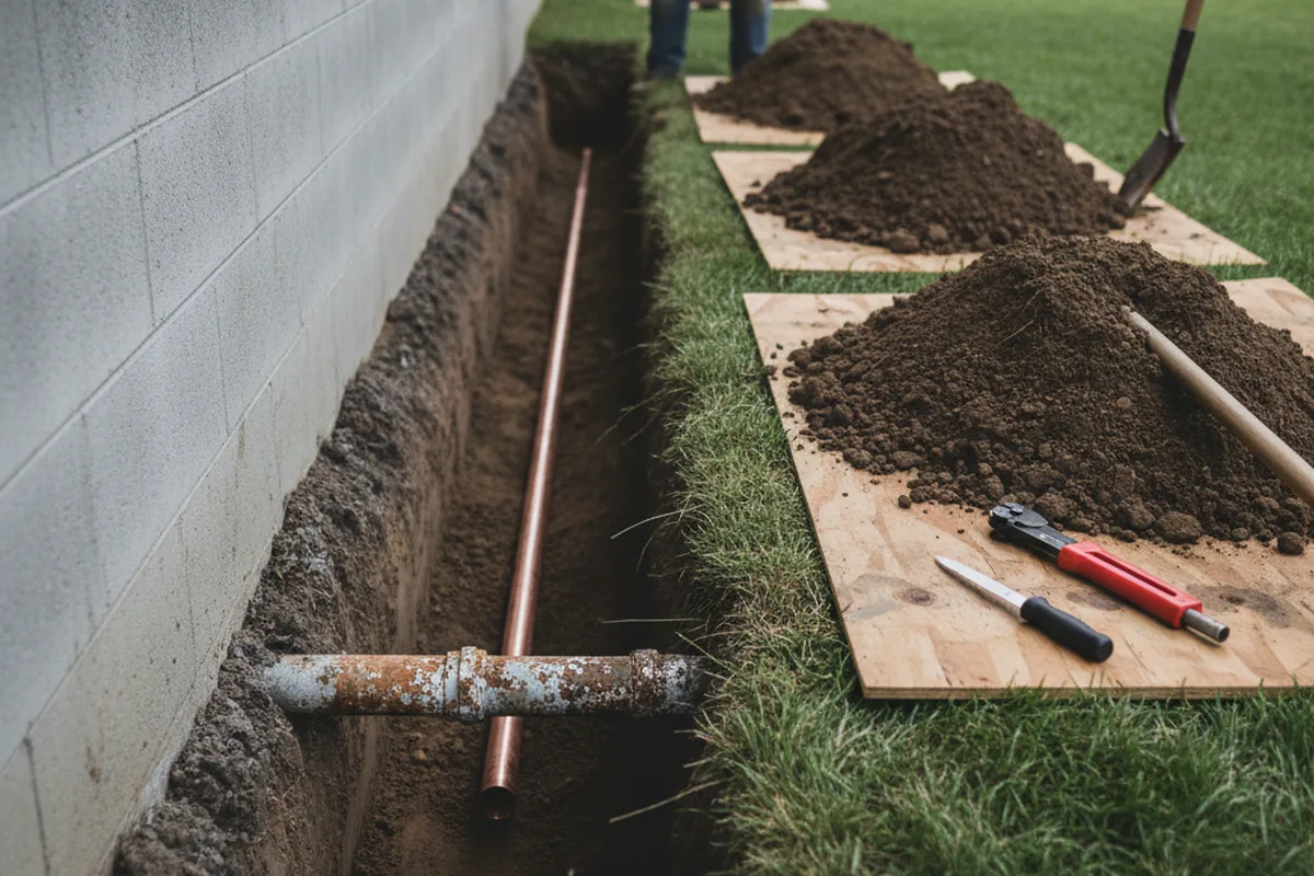Excavated water line trench during Water Softener Installation in South Chatham